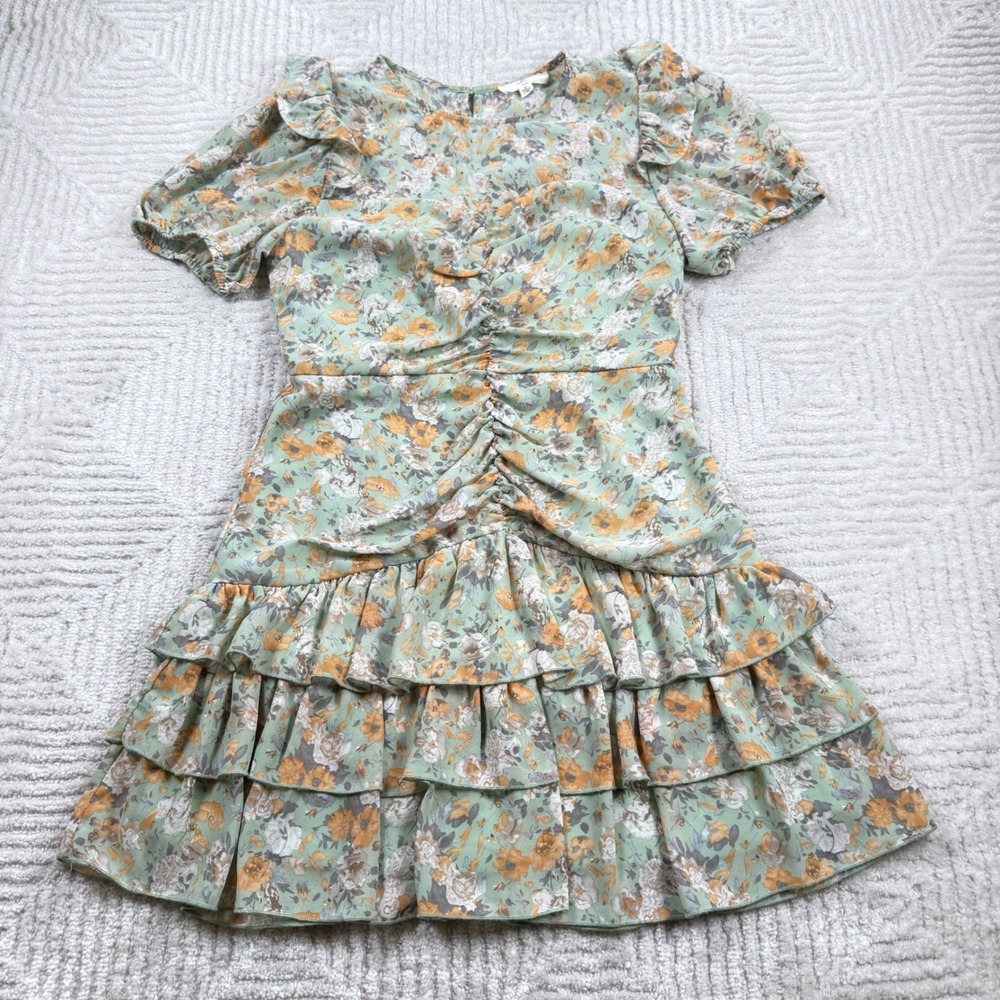Entro Women M Mini Dress Green Ruffle Sleeve Ruched Coquette Prairie Cottagecore